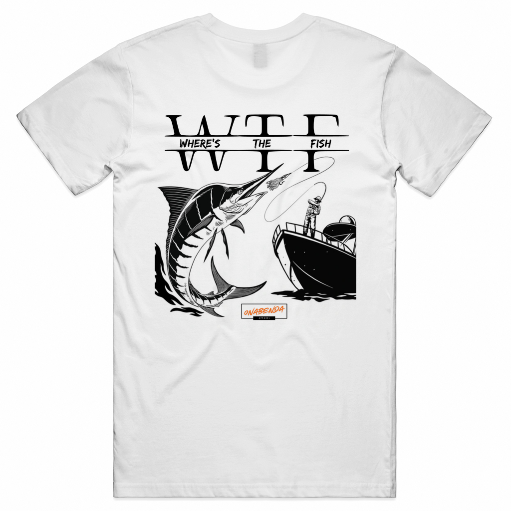White crew neck t-shirt with a graphic print of a fish and a boat, and the text 'WTF' on the front.