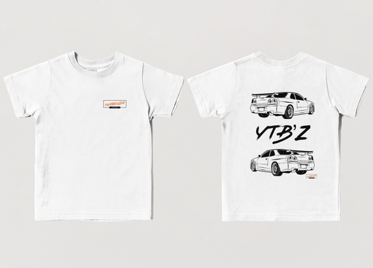 White t-shirt with black car graphics and 'YTB'Z' text on a light Front Back