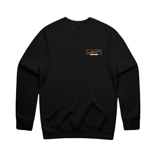 A black crewneck sweatshirt with the text 'onabenda logo' printed on the front in bold letters, featuring a mix of pink and blue colors.
