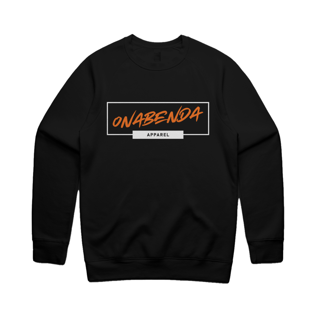 Black crewneck sweatshirt with the text 'Onabenda!' in bold capital letters, with 'GIRL' in pink and 'ARE ON' in blue, on the back of the sweatshirt.