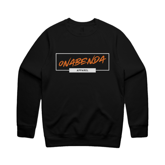 Black crewneck sweatshirt with the text 'Onabenda!' in bold capital letters, with 'GIRL' in pink and 'ARE ON' in blue, on the back of the sweatshirt.
