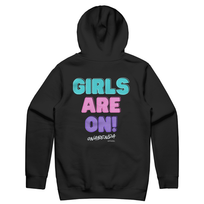Black hoodie with 'GIRLS ARE ON!' text in pink and blue on the front.