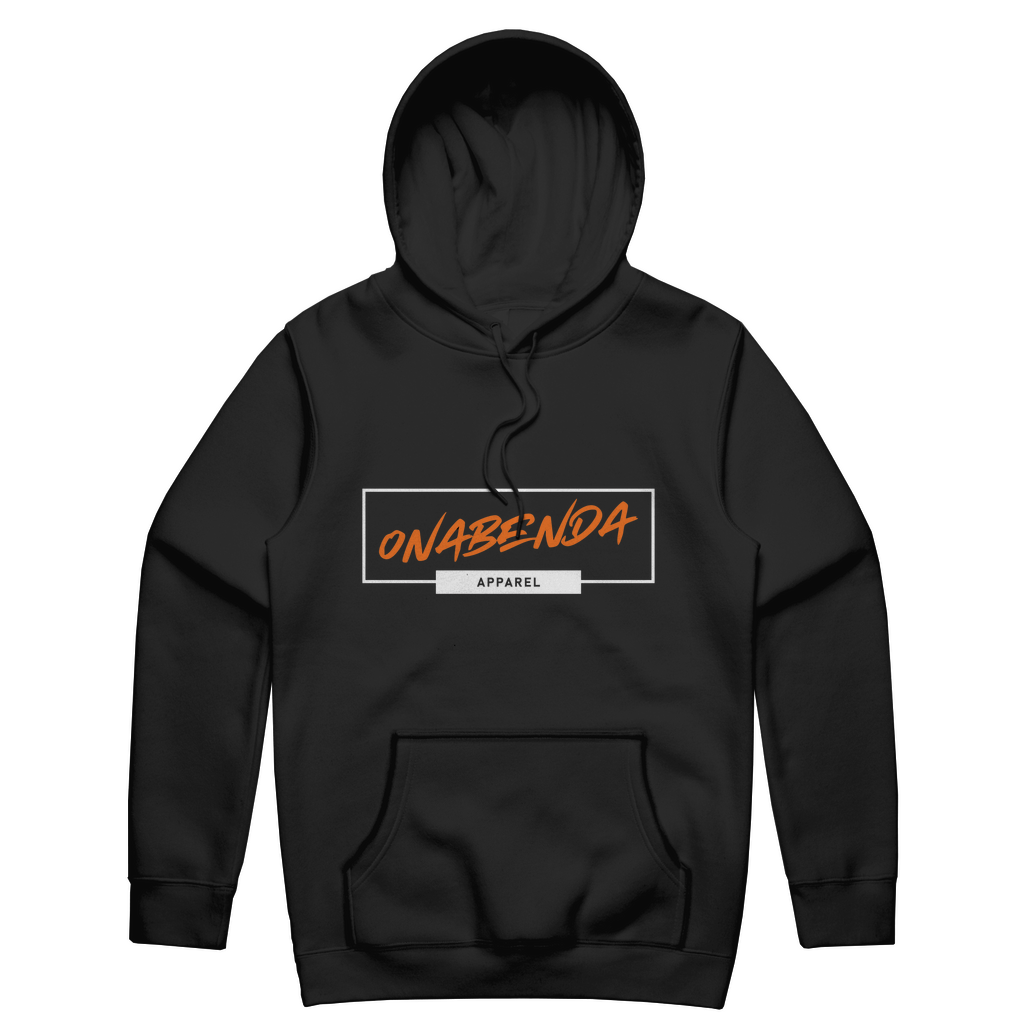 Black hoodie with 'Onabenda' text in pink and blue on the back, with a brand logo in black.