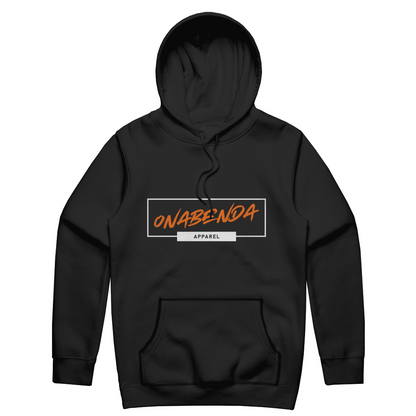 Black hoodie with 'Onabenda' text in pink and blue on the back, with a brand logo in black.
