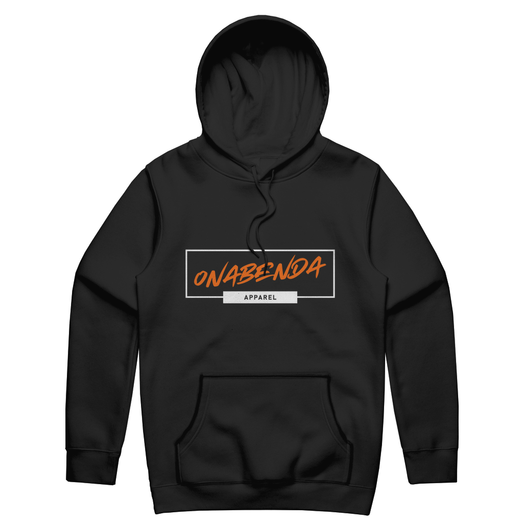 Black hoodie with 'Onabenda' text in pink and blue on the front.