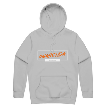 Gray hoodie with 'Onabenda' text in pink and blue on the front.