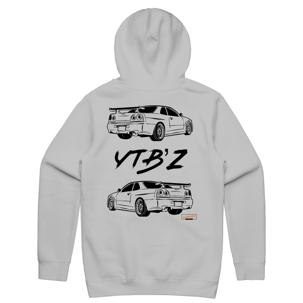Gray hoodie with a graphic print of two cars and the text 'VTB'z' on the back.