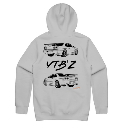 Gray hoodie with a graphic print of two cars and the text 'VTB'z' on the back.