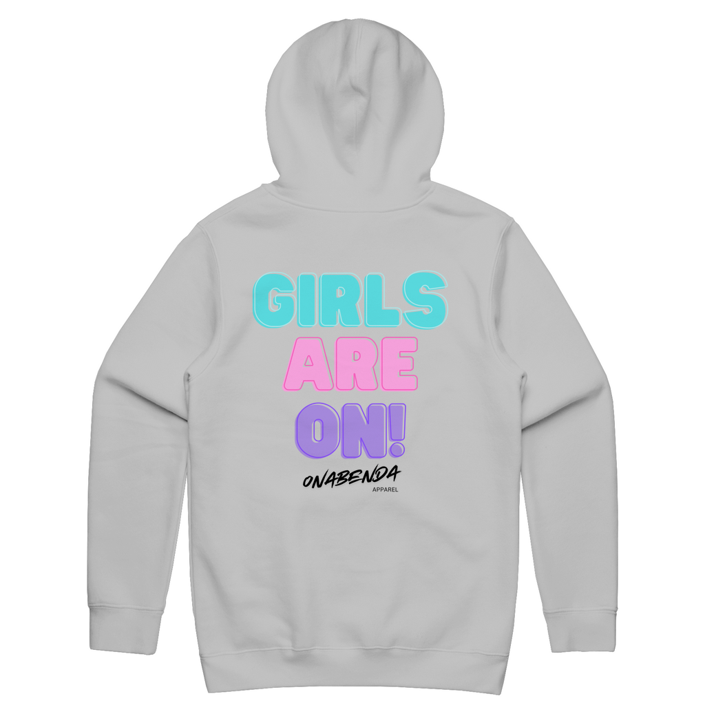 Grey hoodie with 'GIRLS ARE ON!' text in pink and blue on the front.