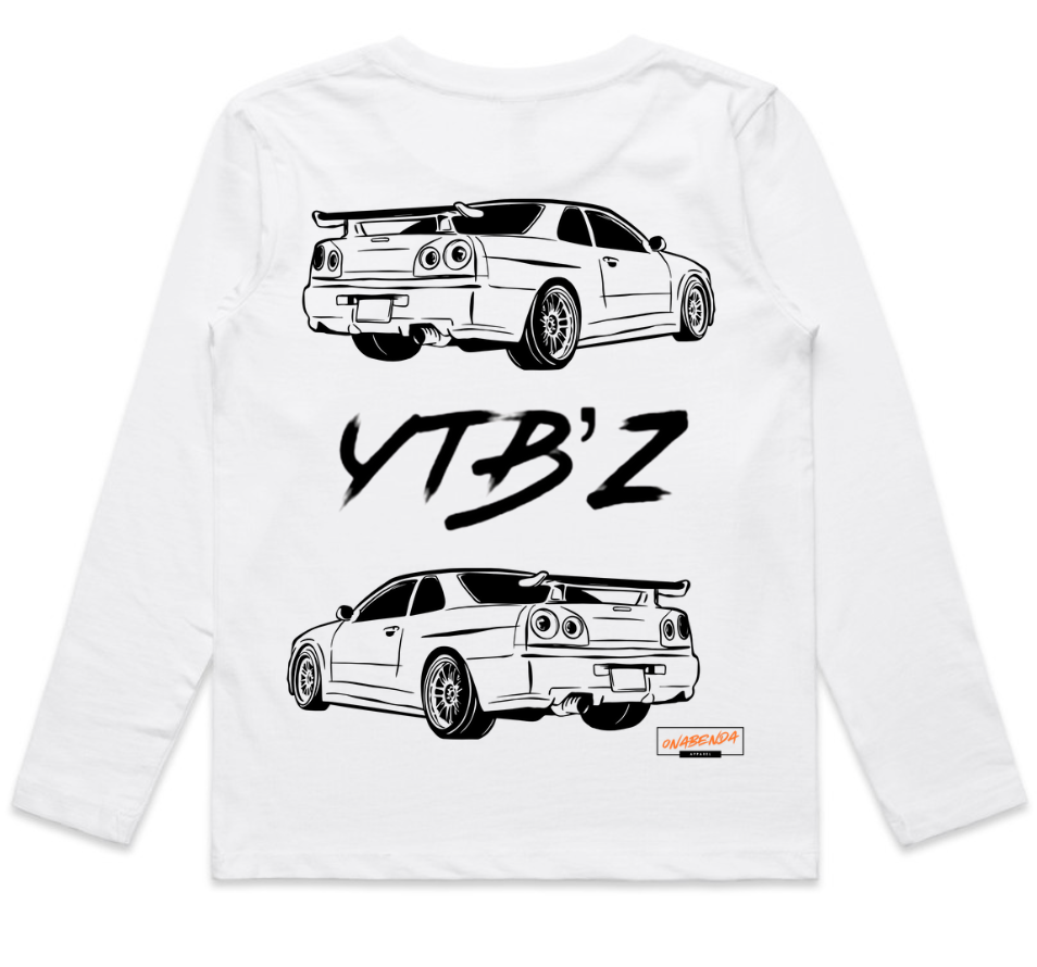 White long-sleeve shirt with black car graphics and 'YT B'Z' text on a white background