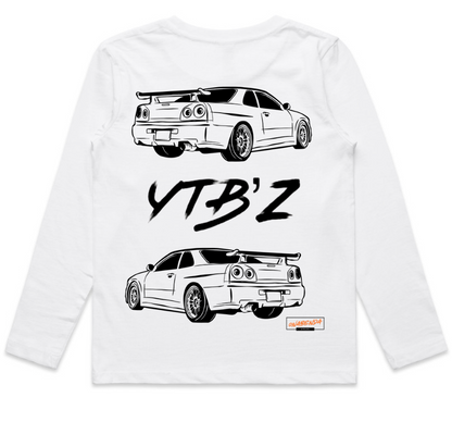 White long-sleeve shirt with black car graphics and 'YT B'Z' text on a white background