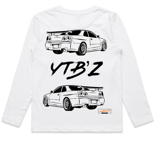 White long-sleeve shirt with black car graphics and 'YT B'Z' text on a white background