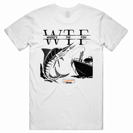 White crew neck t-shirt with a graphic print of a fish and a boat, and the text 'WTF' on the front.
