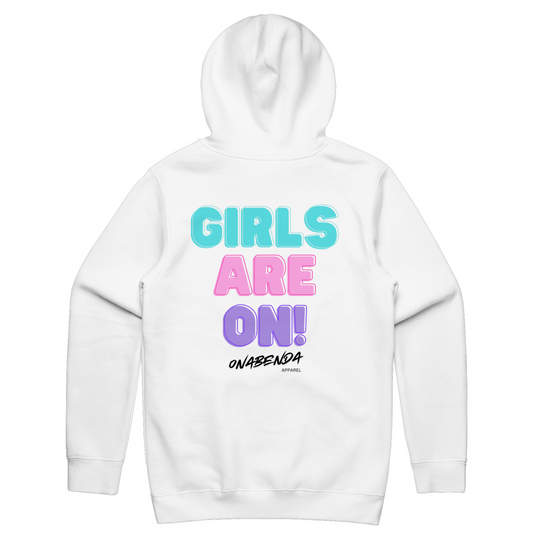 White hoodie with 'GIRLS ARE ON!' text in pink and blue on the front.