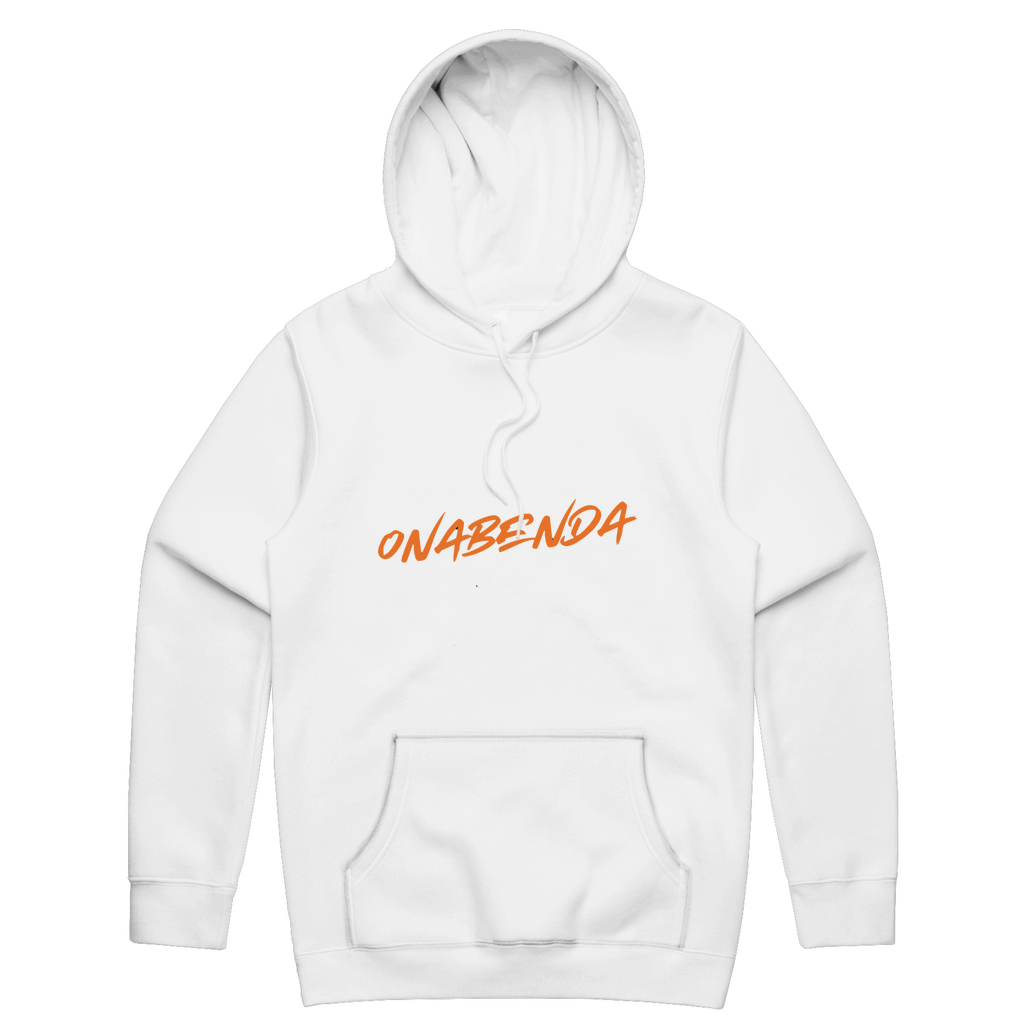 White hoodie with 'Onabenda' text in pink and blue on the back, with a brand logo in black.