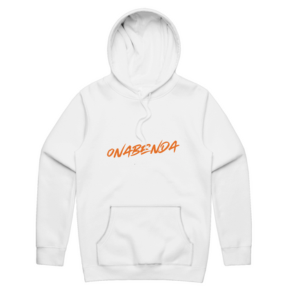 White hoodie with a graphic print and the text 'Onabenda' on the front.