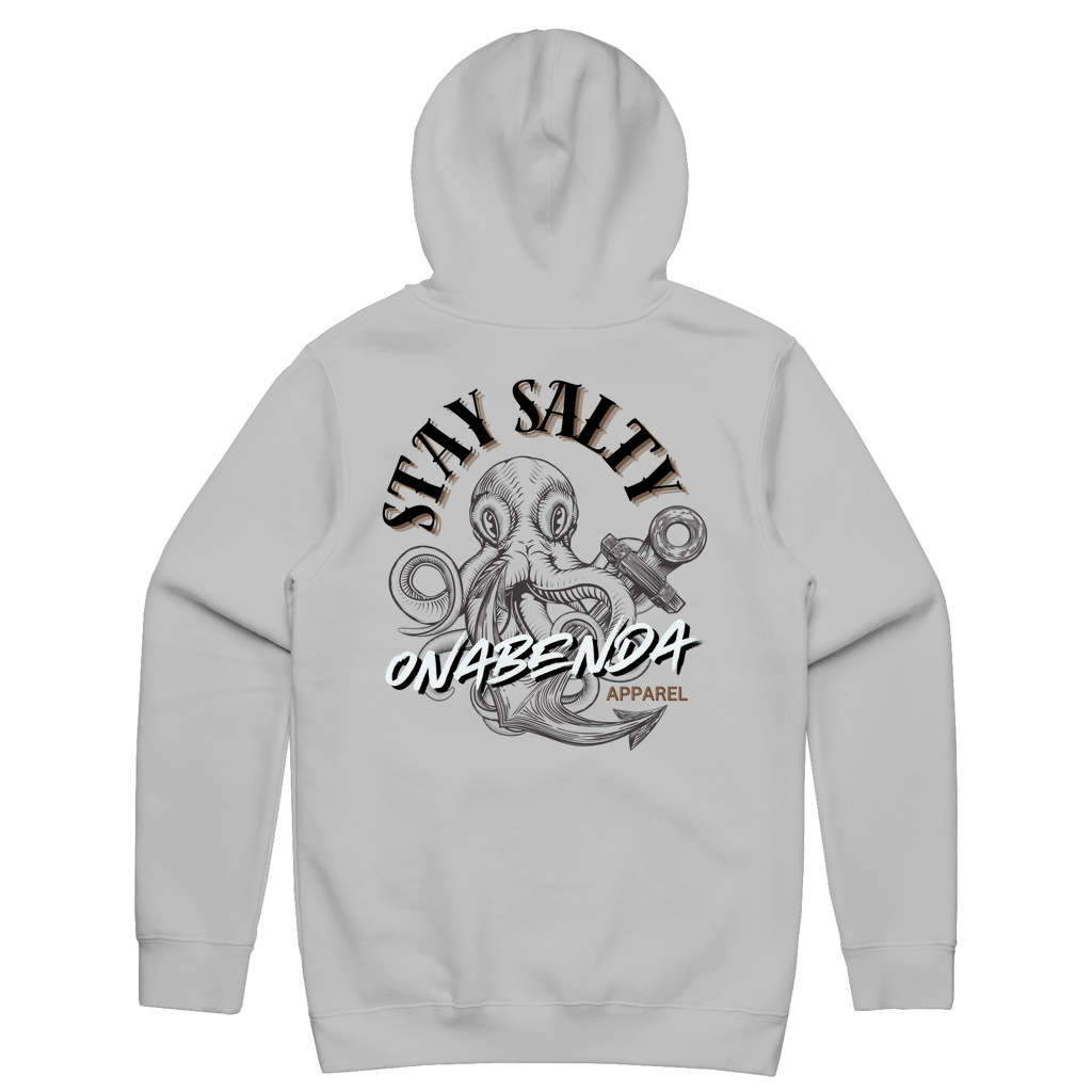 White hoodie with a graphic print of an octopus and the text 'STAY SALTY' and white onabenda on the front