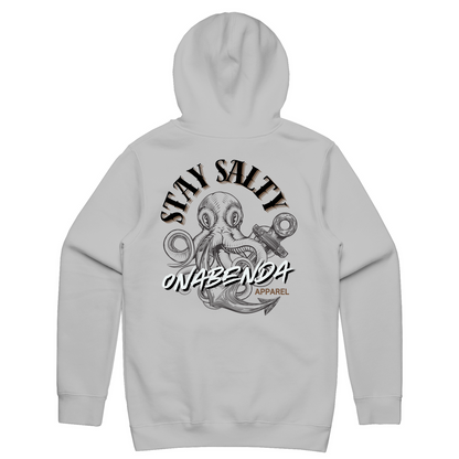 White hoodie with a graphic print of an octopus and the text 'STAY SALTY' and white onabenda on the front