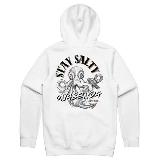 White hoodie with a graphic print of an octopus and the text 'STAY SALTY' on the front.