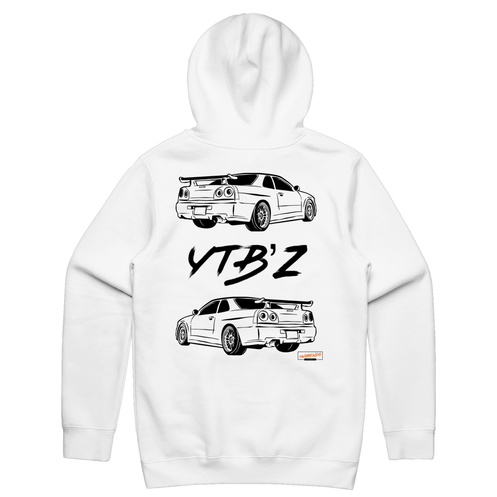 White hoodie with a graphic print of two cars and the text 'YTB'z' on the back.