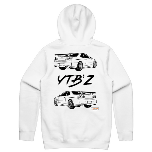 White hoodie with a graphic print of two cars and the text 'YTB'z' on the back.