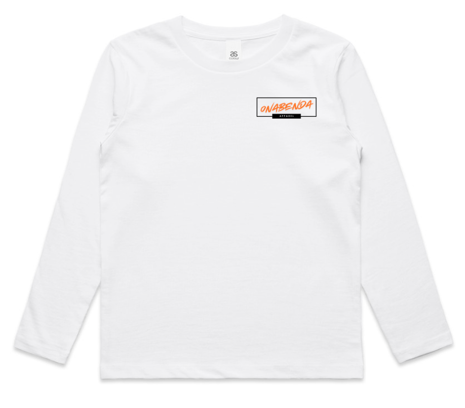 White long-sleeve shirt with a Onabenda logo on the chest against a white background