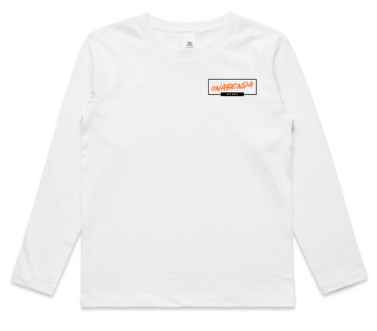 White long-sleeve shirt with a Onabenda logo on the chest against a white background