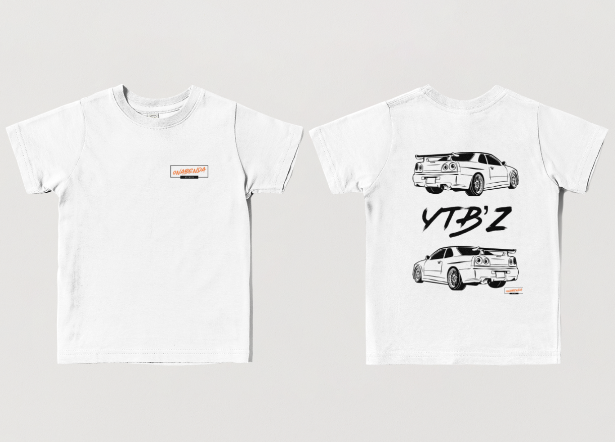 White t-shirt with black car graphics and 'YTB'Z' text on a light  Front  Back