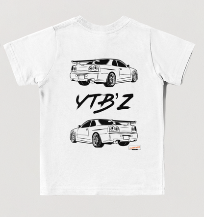 White t-shirt with black car graphics and 'YTB'Z' text on a light gray background