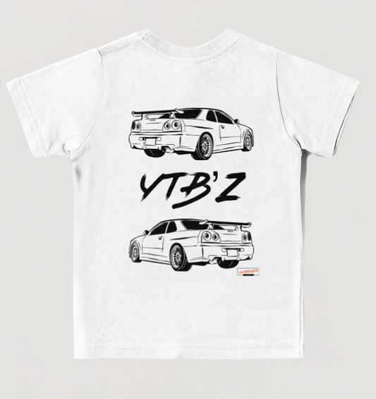 White t-shirt with black car graphics and 'YTB'Z' text on a light gray background