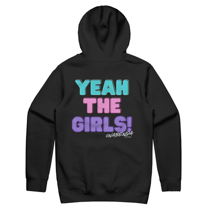 black hoodie with 'YEAH THE GIRLS!' text in pink and blue on the back, with a brand logo in black.