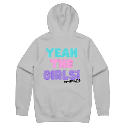 gray hoodie with 'YEAH THE GIRLS!' text in pink and blue on the back, with a brand logo in black.